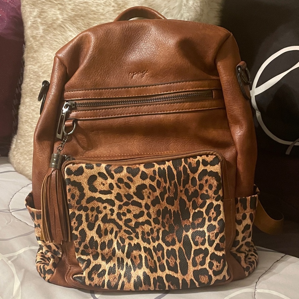 Leopard Print Brown Leather Backpack
